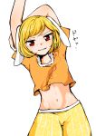  1girl absurdres animal_ears floppy_ears highres kaisenpurin navel no_hat no_headwear orange_shirt rabbit_ears red_eyes ringo_(touhou) shirt short_hair shorts smile solo stretch touhou yellow_shorts 