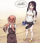  2girls apron book breasts commentary from_above frying_pan full_body girls_frontline gloves hair_ribbon holding holding_book holding_frying_pan korean_commentary korean_text large_breasts long_hair looking_at_another multiple_girls open_mouth orange_hair purple_hair red_eyes ribbon shorts sidarim side_ponytail slippers springfield_(girls&#039;_frontline) standing translation_request twintails wa2000_(girls&#039;_frontline) yellow_footwear 