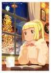  1girl alternate_costume bangs blonde_hair book border christmas christmas_tree closed_mouth commentary cup curtains eyelashes green_eyes hands_up high_ponytail highres indoors ishikawa_hideki lillie_(pokemon) long_sleeves mug night own_hands_together pokemon pokemon_(game) pokemon_sm revision sky smile solo star_(sky) steam sweater table white_border window wooden_wall wreath yellow_sweater 