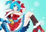  1girl android bangs blue_eyes blue_hair breasts christmas dress eyebrows_visible_through_hair headphones kaidou_zx large_breasts looking_at_viewer mega_man_x_dive official_alternate_costume red_dress rico_(mega_man) santa_dress side_ponytail smile solo 