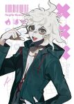  1boy @_@ absurdres bangs barcode blue_coat btmr_game character_name coat copyright_name danganronpa_(series) danganronpa_2:_goodbye_despair finger_to_head grey_eyes hand_on_hip heart highres hood hood_down hooded_coat komaeda_nagito long_sleeves looking_at_viewer male_focus messy_hair open_mouth pale_skin shirt signature simple_background solo symbol-only_commentary upper_body white_hair 