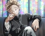  barururunru blonde_hair boku_no_hero_academia cross earrings eye_contact eyeliner facial_hair half-closed_eyes hawks_(boku_no_hero_academia) jewelry leaning_to_the_side looking_at_another looking_at_viewer lounging makeup messy_hair necklace priest shirt smile teeth white_shirt 