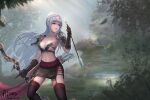  1girl abeen_jhong arrow_(projectile) black_legwear bow_(weapon) breasts dated large_breasts long_hair navel original photoshop_(medium) silver_hair solo thigh-highs very_long_hair violet_eyes weapon 