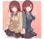  2girls absurdres beige_sweater blue_neckwear brown_eyes brown_hair collared_shirt eyebrows_visible_through_hair from_above gradient gradient_background grey_jacket hair_between_eyes hands_clasped highres idolmaster idolmaster_shiny_colors jacket long_hair looking_at_viewer multiple_girls one_eye_closed oosaki_amana oosaki_tenka open_mouth own_hands_together plaid plaid_skirt pleated_skirt school_uniform shirt siblings sidelocks skirt standing straight_hair striped striped_neckwear tokufumi tolkn1 twins white_shirt 