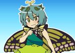  1girl antennae aqua_hair blush butterfly_wings closed_mouth dress eternity_larva eyebrows_visible_through_hair fairy gradient gradient_background green_dress hair_between_eyes kide_koushin leaf leaf_on_head multicolored_clothes multicolored_dress short_hair single_strap solo touhou upper_body wavy_mouth wings yellow_eyes 