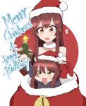 2girls bangs beret blush bow brown_eyes brown_hair capelet christmas closed_mouth commentary_request diereinewelt dress eyebrows_visible_through_hair gloves hair_between_eyes hat houndstooth idolmaster idolmaster_shiny_colors long_hair merry_christmas multiple_girls oosaki_amana oosaki_tenka open_mouth plaid plaid_bow print_headwear red_capelet red_dress siblings sisters sitting smile snowflakes thigh-highs tilted_headwear very_long_hair white_gloves white_legwear 