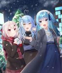  3girls :d absurdres ahoge bangs black_jacket blue_hair blue_skirt christmas commentary_request cup elf eyebrows_visible_through_hair heart_ahoge highres holding holding_cup hololive horns hoshimachi_suisei hoshino_reiji jacket long_hair multicolored_hair multiple_girls nakiri_ayame night oni_horns outdoors pointy_ears red_scarf red_skirt redhead scarf shirt silver_hair skirt smile snowing standing streaked_hair white_shirt yukihana_lamy 