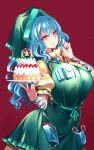  1girl absurdres apron bell blue_hair blue_nails breasts cake christmas closed_mouth dress eyebrows_visible_through_hair fingernails food fruit green_apron green_headwear hair_between_eyes haniyasushin_keiki head_scarf highres holding holding_food large_breasts long_hair long_sleeves magatama magatama_necklace nail_polish puffy_short_sleeves puffy_sleeves raptor7 red_background red_eyes short_sleeves simple_background smile solo strawberry touhou yellow_dress 