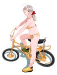  1girl absurdres bangs bare_shoulders bicycle bikini breasts commentary_request eyebrows_visible_through_hair full_body green_eyes grey_hair grin ground_vehicle hair_ribbon highres kantai_collection kinugasa_(kancolle) long_hair looking_at_viewer medium_breasts ojipon ribbon side-tie_bikini silver_hair simple_background smile solo string_bikini swimsuit white_background yellow_bikini 
