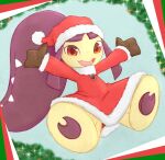  :d brown_eyes brown_gloves buttons commentary full_body gloves hat hatted_pokemon highres mawaifu mawile no_humans open_mouth outstretched_arms pokemon pokemon_(creature) red_headwear santa_hat smile solo tongue 