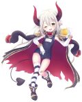  1girl ;d asymmetrical_legwear bandaid bandaid_on_knee bangs beer_mug blue_swimsuit blush boots bow bracelet coat coat_on_shoulders covered_navel cup demon_girl demon_horns demon_tail elbow_gloves emma_august epaulettes fang full_body gloves hair_between_eyes hair_bow highres holding holding_cup horns jewelry long_hair looking_at_viewer mug name_tag nijisanji old_school_swimsuit one-piece_swimsuit one_eye_closed open_mouth paya_(alunair) pointy_ears red_horns school_swimsuit silver_hair single_thighhigh smile solo straight_hair striped striped_legwear swimsuit tail thigh-highs virtual_youtuber white_gloves 