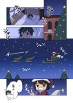 2girls aircraft airplane bed bed_sheet black_eyes black_hair blanket brown_hair christmas christmas_tree curtains e16a_zuiun fake_facial_hair fake_mustache green_eyes hat hyuuga_(kancolle) kantai_collection mogami_(kancolle) multiple_girls nao_(nao_eg) pillow pom_pom_(clothes) red_headwear sack santa_costume santa_hat short_hair sled sleeping thought_bubble thumbs_up translation_request window zzz 
