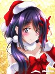  1girl akichin_(atelier_baguri) alternate_costume ariake_(kancolle) bangs detached_collar elbow_gloves fur-trimmed_headwear gloves hat kantai_collection long_hair purple_hair red_headwear santa_costume santa_hat solo strapless upper_body violet_eyes 