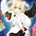  1girl bangs black_legwear black_wings blonde_hair blue_eyes boots box christmas closed_mouth commentary dress elbow_gloves english_commentary eyebrows_visible_through_hair feathered_wings fur-trimmed_boots fur-trimmed_dress fur-trimmed_sleeves fur_trim gift gift_box gloves holding holding_gift holding_sack looking_at_viewer maaru_(shironeko_project) mismatched_wings mitya sack shironeko_project short_sleeves smile solo sparkle thigh-highs tiara twitter_username two_side_up white_dress white_footwear white_gloves white_wings wings 