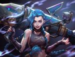  1girl arcane:_league_of_legends arcane_jinx arm_tattoo bangs bare_shoulders blue_hair braid cdash817 cloud_tattoo collarbone explosive fingerless_gloves gloves grenade highres holding holding_weapon jinx_(league_of_legends) league_of_legends long_hair nail_polish red_nails rocket_launcher smile solo stomach stomach_tattoo tattoo teeth twin_braids very_long_hair weapon 