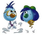  1boy 1girl baseball_cap black_eyes blue_hair blue_skin colored_skin dust glasses hat looking_up medium_hair no_humans no_mouth one-eyed propeller simonsoys spiky_hair spring_(object) transparent_background zoombinis 