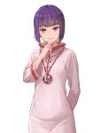  1girl bangs blunt_bangs blush character_request closed_mouth commentary_request copyright_request dress eyebrows_visible_through_hair highres long_sleeves looking_at_viewer purple_hair shiny short_hair simple_background smile solo tantaka violet_eyes white_background 