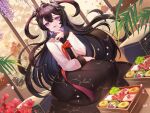  1girl ahoge bento black_hair earrings epic_seven flower food food_art hair_ornament hanbok hanh_chu_(r_a) highres jewelry korean_clothes long_hair new_year open_mouth paper_wall petals purple_nails red_flower solo specter_tenebria_(dark_tyrant)_(epic_seven) specter_tenebria_(epic_seven) tako-san_wiener tenebria_(epic_seven) violet_eyes wisteria 