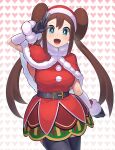  1girl :d bangs belt black_belt black_gloves black_legwear blush breasts bright_pupils brown_hair capelet double_bun dress fur-trimmed_capelet fur_trim gloves green_eyes hand_up hat heart heart_background highres long_hair looking_at_viewer official_alternate_costume open_mouth pokemon pokemon_(game) pokemon_masters_ex red_capelet red_headwear rosa_(pokemon) santa_hat sidelocks smile solo thigh-highs tongue twintails white_pupils xin_lan_deng 
