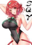  bangs black_swimsuit breasts chest_jewel competition_swimsuit covered_collarbone gem headpiece highres large_breasts one-piece_swimsuit pyra_(pro_swimmer)_(xenoblade) pyra_(xenoblade) red_eyes red_swimsuit redhead ribbed_swimsuit sankakusui short_hair strapless strapless_swimsuit swept_bangs swimsuit tiara two-tone_swimsuit xenoblade_chronicles_(series) xenoblade_chronicles_2 