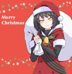  1girl bell black_shirt braid brown_hair caws_(120_winter_gifts)_(girls&#039;_frontline) caws_(girls&#039;_frontline) christmas coat commentary_request eyebrows_visible_through_hair girls_frontline hat highres holding holding_sack long_hair long_sleeves looking_at_viewer official_alternate_costume red_background red_coat sack santa_costume santa_hat shirt side_braid smile solo star_(symbol) upper_body yellow_eyes zukzuk13 