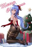  1girl absurdres ahoge ass back backless_outfit bangs bell black_legwear blue_hair blush bodystocking bodysuit bound bow box breasts christmas christmas_ornaments christmas_tree commentary covered_nipples curled_horns elbow_gloves eyebrows_visible_through_hair feet from_behind full_body ganyu_(genshin_impact) genshin_impact gift gift_box gloves gold_trim hair_ornament highres horn_bell horn_bow horn_ornament horns karmiel kneeling leotard long_hair looking_at_viewer looking_back low_ponytail medium_breasts merry_christmas multicolored_eyes no_shoes red_bow red_gloves sidelocks smile soles solo thighlet thighs very_long_hair violet_eyes 