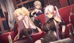  3girls admiral_hipper_(azur_lane) admiral_hipper_(muse)_(azur_lane) azur_lane bangs bare_shoulders blonde_hair blush breasts couch dress green_eyes highres itaco large_breasts long_hair looking_at_viewer medium_breasts multiple_girls official_alternate_costume open_mouth orange_eyes prinz_eugen_(azur_lane) short_hair silver_hair sitting small_breasts two_side_up violet_eyes z23_(azur_lane) 