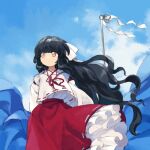  1girl bangs black_hair blunt_bangs character_request clouds cloudy_sky detached_sleeves frilled_skirt frills gohei hair_ribbon hakama hakama_skirt japanese_clothes kaigen_1025 kimono long_hair miko outdoors pink_eyes portrait_of_exotic_girls red_hakama red_ribbon ribbon ribbon_trim skirt sky touhou very_long_hair white_kimono white_ribbon wide_sleeves 