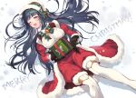  1girl ;d boots box breasts feet_out_of_frame fur-trimmed_shorts fur_trim gift gift_box green_hair highres idolmaster idolmaster_million_live! juliet_sleeves kitakami_reika large_breasts long_hair long_sleeves looking_at_viewer lying merry_christmas nys on_back one_eye_closed puffy_sleeves santa_costume shorts smile snow solo straight_hair thigh-highs thigh_boots 