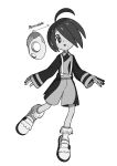  1boy ahoge allister_(pokemon) arrow_(symbol) bangs black_hair bright_pupils collared_shirt full_body gloves greyscale highres long_sleeves looking_at_viewer male_focus mask mole mole_under_mouth monochrome open_mouth partially_fingerless_gloves pokemon pokemon_(game) pokemon_swsh shirt shoes short_hair shorts single_glove solo suspender_shorts suspenders tongue white_pupils yoshi_(moco1) 