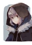  1girl absurdres border fate_(series) fur-trimmed_jacket fur_trim gray_(fate) green_eyes grey_background grey_hair highres hood hood_up jacket looking_at_viewer lord_el-melloi_ii_case_files outside_border painterly shiburingaru sidelocks solo upper_body white_border 