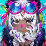  1girl :p bandaid bandaid_on_nose bangs blue_background blurry dark-skinned_female dark_skin depth_of_field eyewear_on_head face gloves hands_on_own_face highres mika_pikazo original round_eyewear silver_hair simple_background solo tongue tongue_out violet_eyes white_gloves 