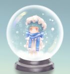  1girl ahoge blue_background blue_hair blue_scarf blush chibi commentary_request dress girls_frontline hair_ornament hairclip hat mob_cap red_eyes rutileq scarf short_hair snow snow_globe solo white_dress zas_m21_(girls&#039;_frontline) zas_m21_(gunshot_in_the_snow)_(girls&#039;_frontline) 