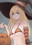  1girl abeen_jhong bikini blonde_hair blue_eyes breasts candy dated food halloween hat highres jack-o&#039;-lantern large_breasts long_hair navel original solo swimsuit very_long_hair witch_hat 