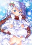  1girl bangs blue_eyes blue_hair blurry blurry_background blush boots capelet closed_mouth commentary_request depth_of_field dress eyebrows_visible_through_hair feet_out_of_frame fur-trimmed_boots fur-trimmed_capelet fur-trimmed_gloves fur_trim gloves gochuumon_wa_usagi_desu_ka? hair_between_eyes hair_bun hands_up kafuu_chino knees_together_feet_apart plaid plaid_scarf red_scarf rikatan scarf side_bun smile snowflakes solo starry_background tippy_(gochiusa) white_capelet white_dress white_gloves 