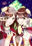  2girls bangs beret blush bow brown_eyes brown_hair capelet christmas closed_mouth commentary_request dress eyebrows_visible_through_hair gloves hair_between_eyes hat houndstooth idolmaster idolmaster_shiny_colors long_hair multiple_girls oosaki_amana oosaki_tenka open_mouth pixiv18930423 plaid plaid_bow print_headwear red_capelet red_dress siblings sisters sitting smile snowflakes thigh-highs tilted_headwear very_long_hair white_gloves white_legwear 