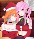  2girls christmas couple dress earrings feather_earrings feathers fur-trimmed_dress fur-trimmed_headwear fur_trim gloves gradient_hair hat highres hololive hololive_english jewelry looking_at_another merry_christmas mori_calliope multicolored_hair multiple_girls orange_hair pink_hair red_dress red_gloves red_headwear santa_costume santa_dress santa_hat sitting strapless strapless_dress takanashi_kiara usagisii virtual_youtuber yagoo yuri 