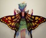  1girl antennae aqua_hair brown_eyes butterfly_wings dress eternity_larva fairy feet_out_of_frame from_behind green_dress highres leaf leaf_on_head looking_back multicolored_clothes multicolored_dress short_hair short_sleeves solo touhou wings zero_nana 