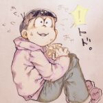  ! 1boy :3 bangs black_eyes black_hair blue_pants blunt_bangs commentary_request constricted_pupils flying_sweatdrops from_side full_body hands_up hood hoodie knees_up long_sleeves lowres male_focus matsuno_todomatsu nervous nervous_smile open_mouth osomatsu-san own_hands_together oyama_yoihaya pants purple_hoodie purple_sweater red_footwear shiny shiny_hair shoes short_hair simple_background sitting sketch smile solo speech_bubble spoken_exclamation_mark sweat sweater traditional_media translation_request white_background 