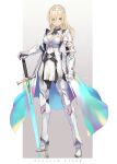  1girl armor armored_boots armored_dress belt blonde_hair boots breasts commentary_request earrings english_text gauntlets gradient gradient_background green_eyes grey_background hair_between_eyes high_heels highres isegawa_yasutaka jewelry kotona_matome long_hair looking_at_viewer medium_breasts original solo standing sword two-tone_background weapon white_background 