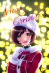  1girl backlighting beanie blurry bokeh brown_eyes brown_hair christmas commentary depth_of_field dress fur-trimmed_dress fur_trim gloves hat highres kasane_kein looking_at_viewer meiko merry_christmas open_mouth red_dress short_hair signature smile solo upper_body vocaloid white_gloves white_headwear 