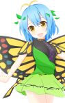  1girl antennae aqua_hair blush butterfly_wings cowboy_shot dress eternity_larva eyebrows_visible_through_hair fairy green_dress green_skirt hair_between_eyes highres leaf leaf_on_head multicolored_clothes multicolored_dress open_mouth short_hair short_sleeves shunki simple_background single_strap skirt smile solo touhou white_background wings yellow_eyes 