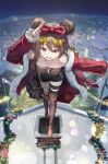  1girl bangs boots bow breasts chimney choker christmas collarbone double_bun eyewear_on_head girls_frontline gloves hair_bow hair_ornament highres korean_commentary light_brown_hair looking_at_viewer medium_breasts night official_alternate_costume open_mouth p90_(girls&#039;_frontline) p90_(scarlet_turbo)_(girls&#039;_frontline) red_bow red_eyes rooftop short_hair shorts smile solo sunglasses thigh-highs vikpie 