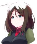  1girl armorganger bangs black_hair black_vest blue_eyes closed_mouth commentary eyebrows_visible_through_hair girls_und_panzer green_jacket highres jacket light_frown long_hair long_sleeves looking_to_the_side military military_uniform nonna_(girls_und_panzer) portrait pravda_military_uniform red_shirt shirt simple_background solo swept_bangs turtleneck twitter_username uniform vest white_background 
