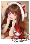  1girl :3 ;d black_bow black_bowtie bow bowtie brown_hair feet_out_of_frame fur_trim hands_on_own_cheeks hands_on_own_face heart heart-shaped_pupils highres hood llttyyyuu long_hair looking_at_viewer merry_christmas one_eye_closed original santa_dress sitting smile solo symbol-shaped_pupils violet_eyes 