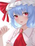  1girl :d absurdres anima_miko ascot bangs blue_hair bow eyebrows_visible_through_hair fang hair_between_eyes hat hat_bow highres looking_at_viewer medium_hair red_ascot red_bow red_eyes remilia_scarlet shiny shiny_hair shirt skin_fang smile solo touhou upper_body white_background white_headwear white_shirt 