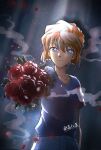  1girl absurdres bangs blue_eyes blue_shirt bouquet brown_hair closed_mouth collarbone eyebrows_visible_through_hair flower grey_background hair_between_eyes highres holding holding_bouquet looking_at_viewer meitantei_conan miyano_shiho nai_gai_hongcha red_flower red_rose rose shirt short_hair short_sleeves smile solo standing t-shirt 