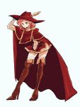  1girl boots cape closed_mouth earrings final_fantasy final_fantasy_v green_eyes hat high_heels jewelry leaning_forward lenna_charlotte_tycoon long_sleeves looking_at_viewer pink_hair pose puffy_long_sleeves puffy_sleeves red_cape red_headwear red_mage saito_piyoko short_hair skirt smile solo standing thigh-highs thigh_boots 