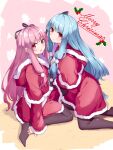  2girls absurdres bangs bell black_legwear black_ribbon blue_hair blunt_bangs blush box capelet christmas_tree commentary dress eyebrows_visible_through_hair fang from_side fur-trimmed_capelet fur-trimmed_dress fur_trim gift gift_box hair_ribbon highres holly hood hooded_capelet kneeling kotonoha_akane kotonoha_aoi long_hair looking_at_viewer looking_to_the_side merry_christmas multiple_girls no_shoes open_mouth penpeke pink_background pink_eyes pink_hair red_dress ribbon santa_dress siblings side-by-side sidelocks sisters sitting skin_fang smile voiceroid wariza 