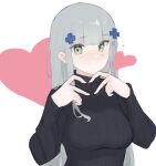  1girl alternate_costume bangs black_sweater blush breasts commentary eyebrows_visible_through_hair girls_frontline green_eyes grey_hair hair_ornament heart heart_hands hiepita97 hk416_(girls&#039;_frontline) large_breasts long_hair long_sleeves looking_at_viewer ribbed_sweater simple_background smile solo sweater upper_body white_background 